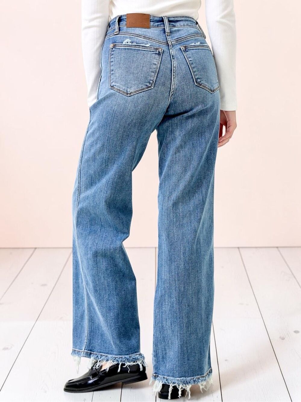 Judy Blue High Rise Retro Wide Leg Jeans Medium Sage Wash Raw Hem Stretch Denim - Picture 10 of 15